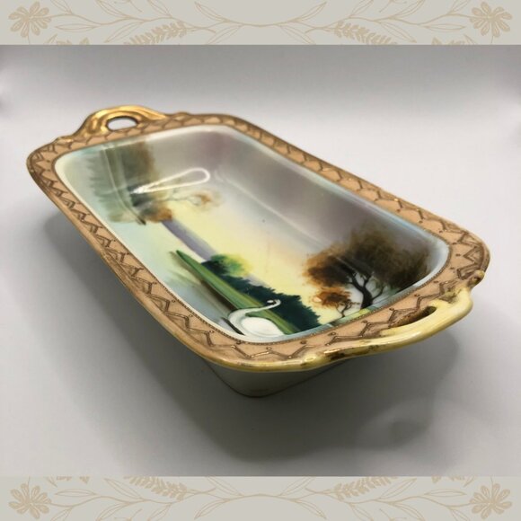 Vintage Hand Painted Nippon Swan Scene Handled Relish Dish - Picture 2 of 4